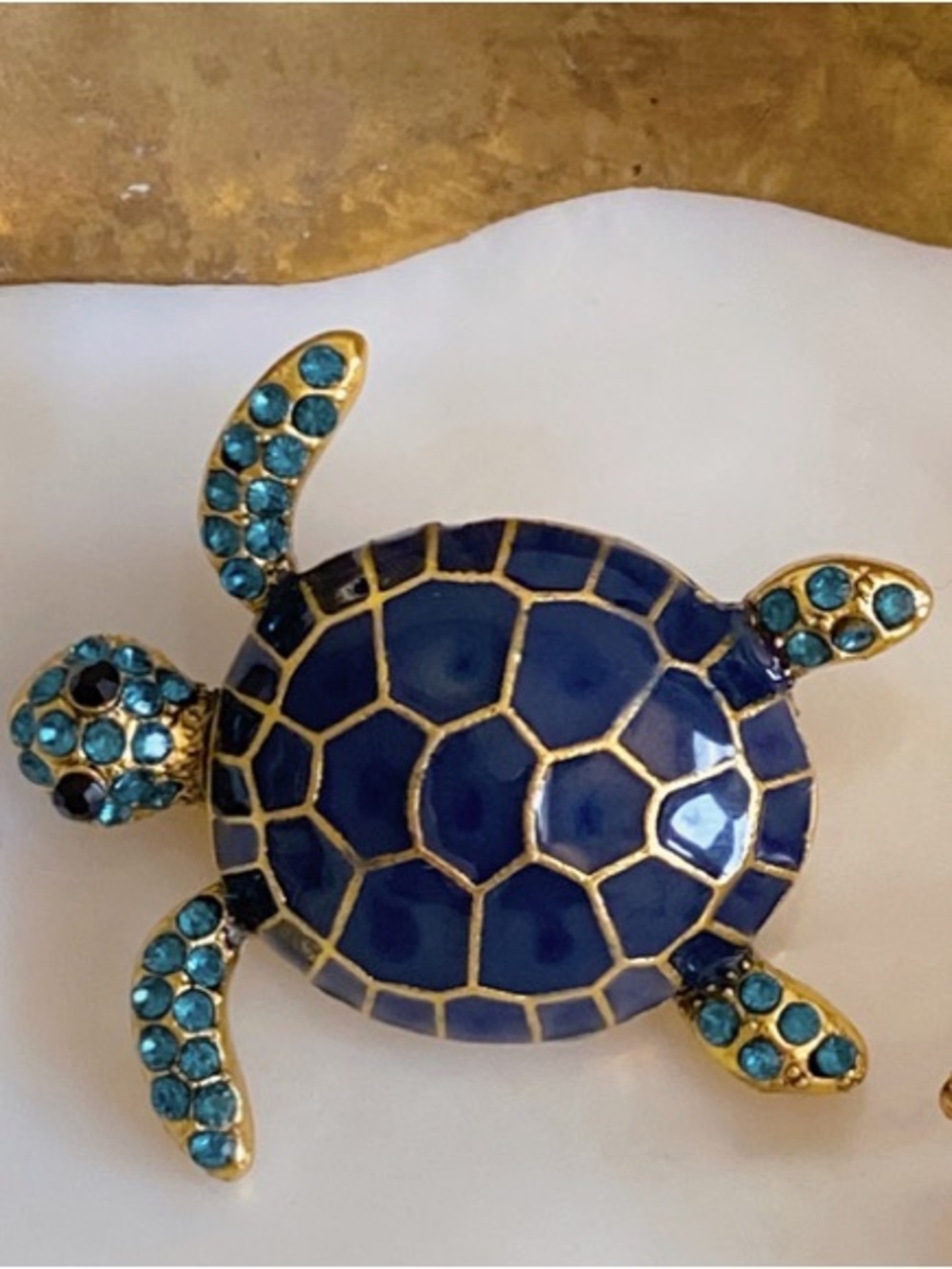 Gold-Tone Navy Diamond Sea Turtle Brooch
